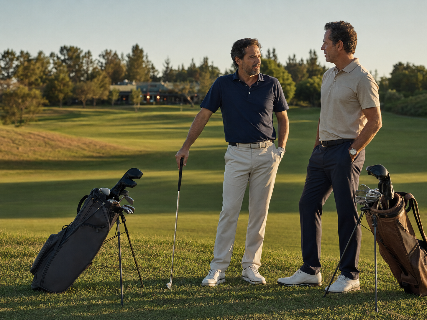 Dois investidores conversando em um campo de golfe